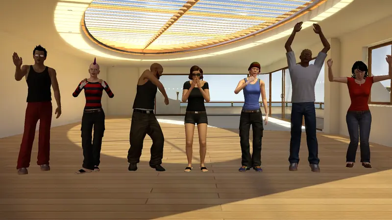 Seven avatars in different outfits and hairstyles stand in a sunny apartment; some wave, cheer with arms raised or laugh.