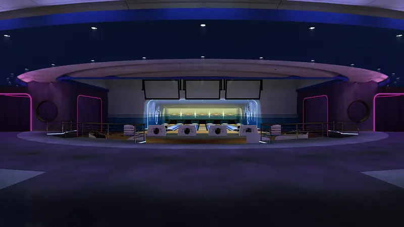 The Bowling Alley: a dark purple hall with neon trim and a row of lit bowling lanes under three screens.