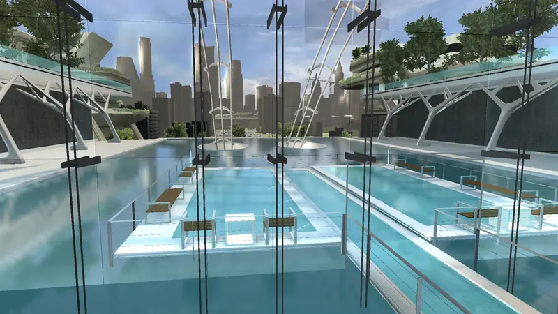 The Hub: shallow turquoise pools with benches under white steel arches, a skyline behind.